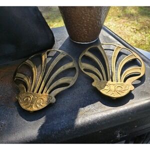 VTG World Bazaar Brass Trivets Set of 2 India Fan Shell Art‎ Deco Boho7x7.5"